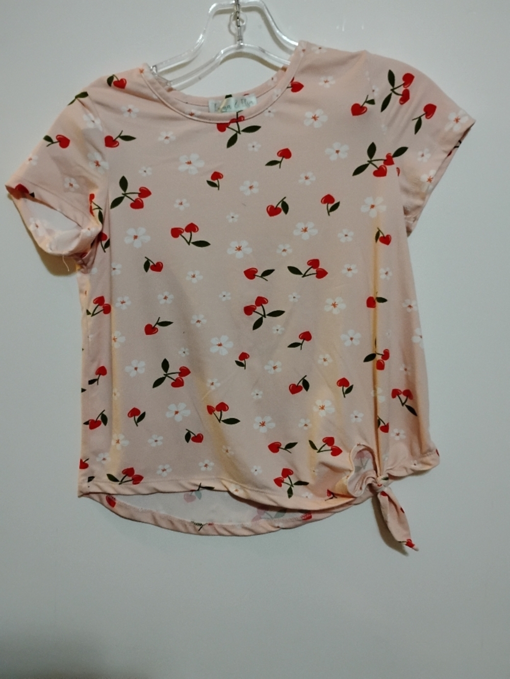 EMMA & ELSA Peach Cherry Print Tie-Hem Tee Girls 14 (L) Runs Smaller In Size